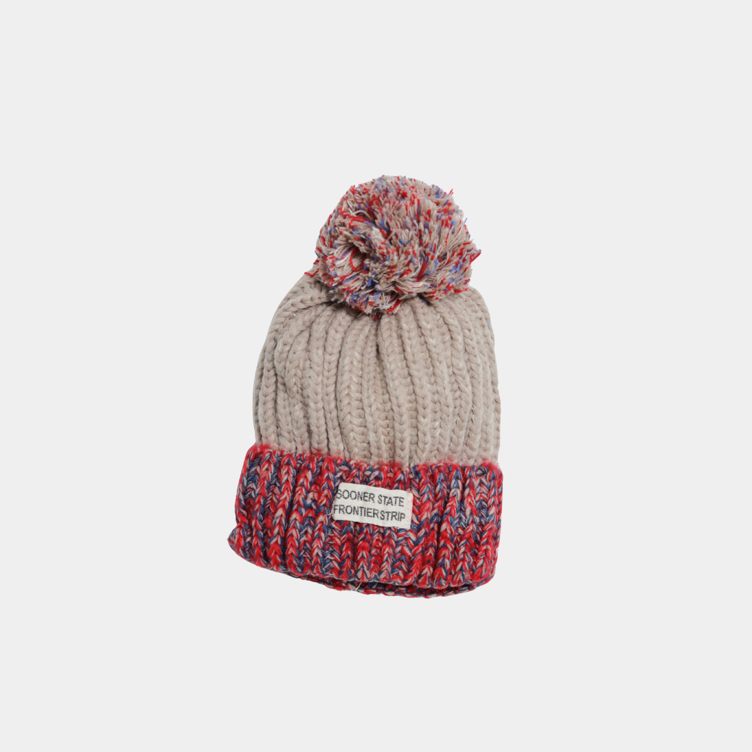 Classic Beige Woolen Cap with Red & Blue Knit Brim