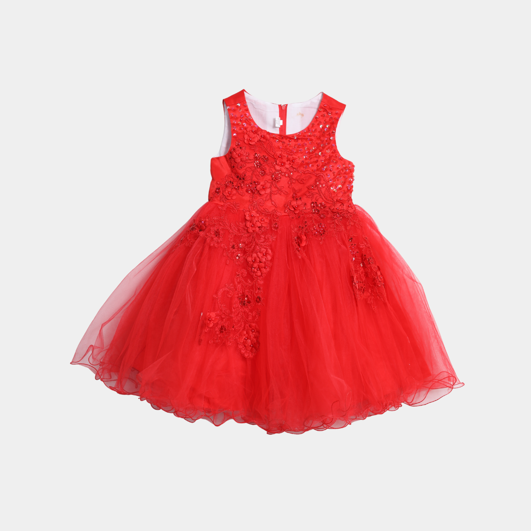 Girls Red Embroidered Party Frock – Net Flare