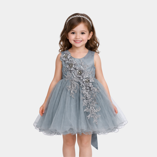 Girls Grey Floral Party Frock – Elegant Net Style