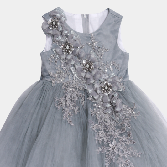 Girls Grey Floral Party Frock – Elegant Net Style