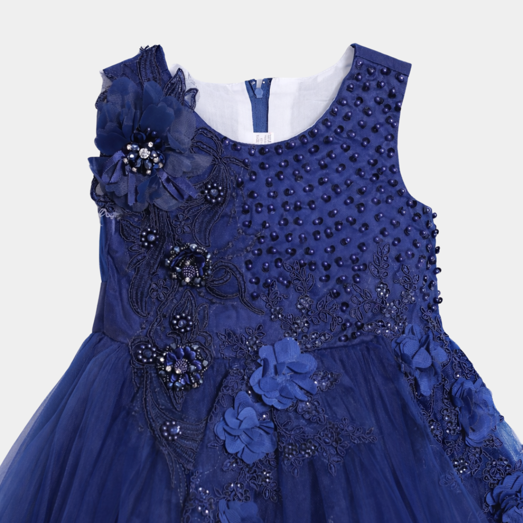 Girls Navy Blue Floral Party Frock – Net Flare