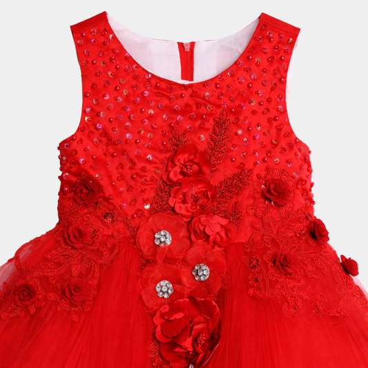 Girls Red Party Frock – Floral Embellished Design