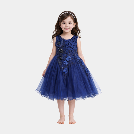 Girls Navy Blue Floral Party Frock – Net Flare