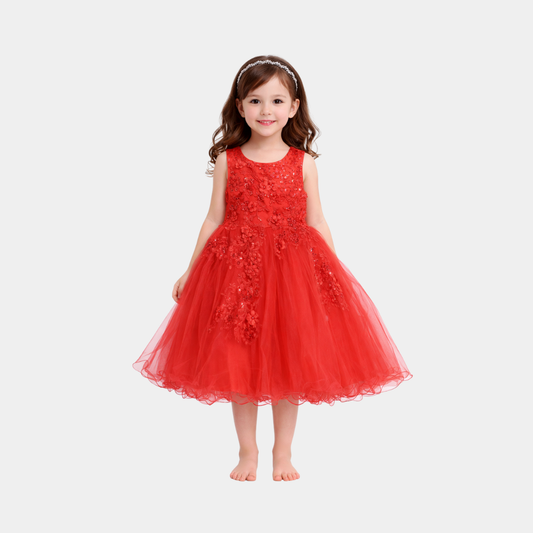 Girls Red Embroidered Party Frock – Net Flare