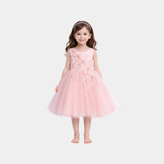 Girls Blush Pink Party Frock – Floral Net Design