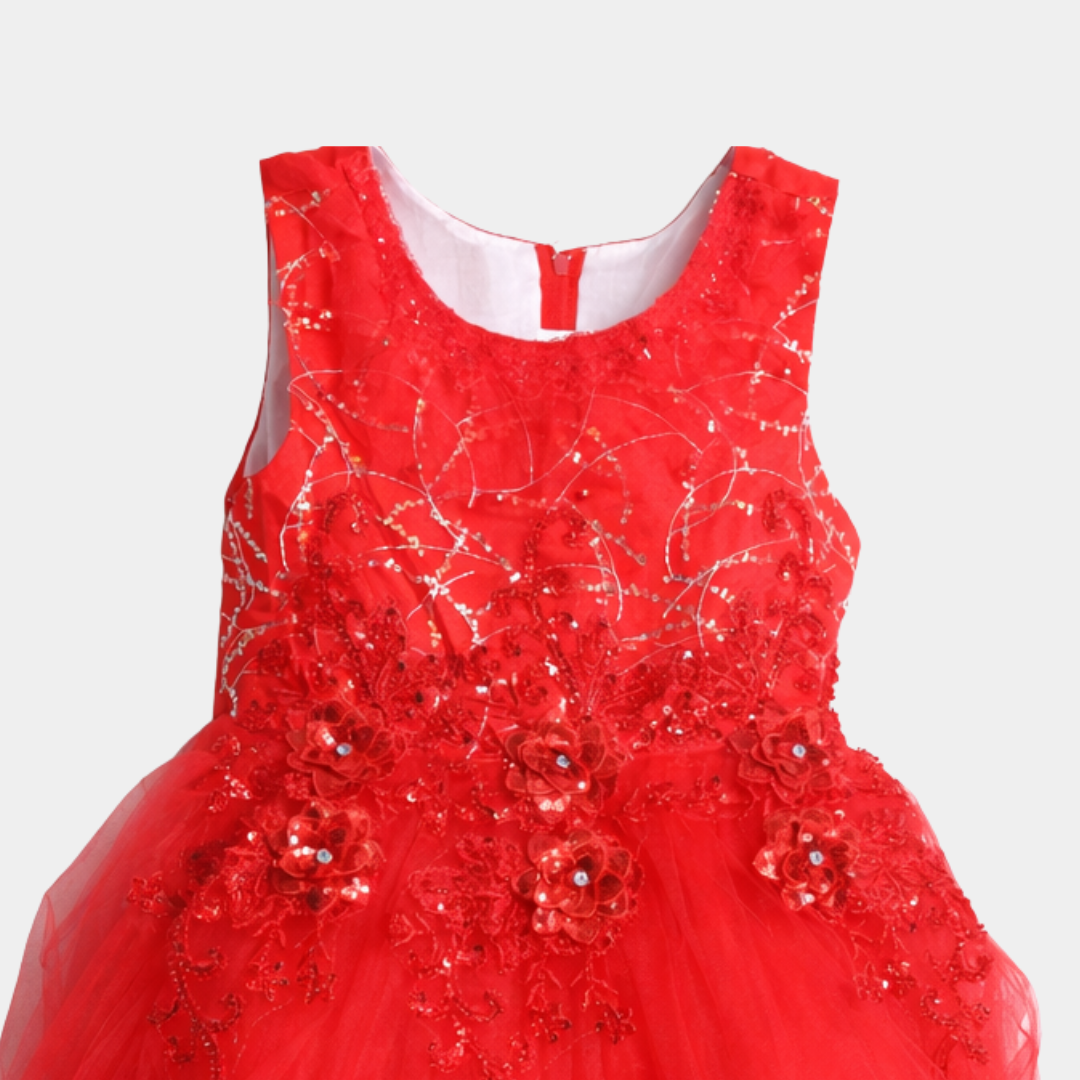 Girls Red Party Dress – Floral Embroidered Tulle Frock