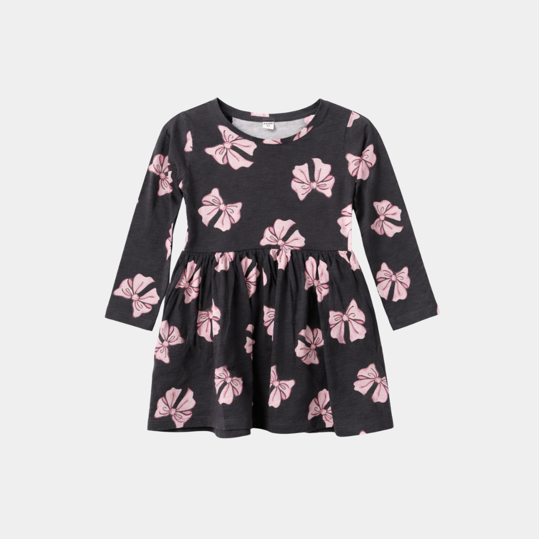 Girls Bow Print Long Sleeve Dress – Soft Cotton