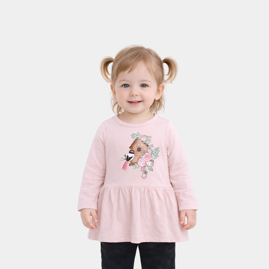 Girls Pink Birdhouse Print Peplum Top