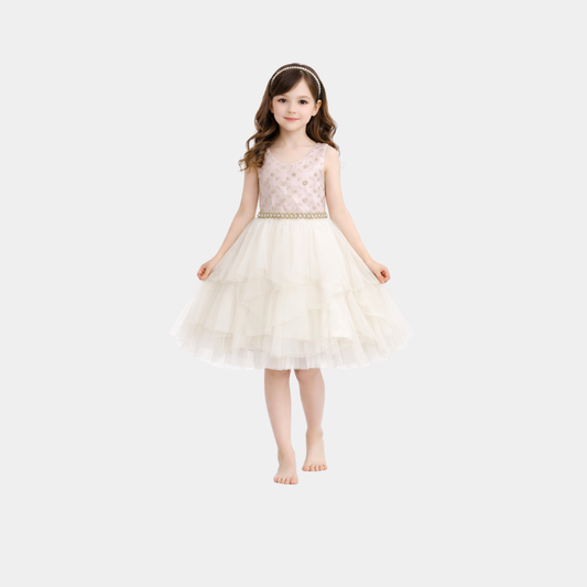 Girls Elegant Blush & Ivory Layered Tulle Party Dress – Embroidered Bodice