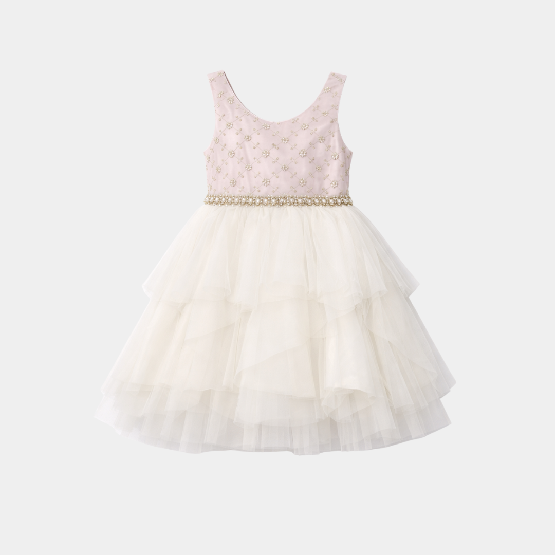 Girls Elegant Blush & Ivory Layered Tulle Party Dress – Embroidered Bodice