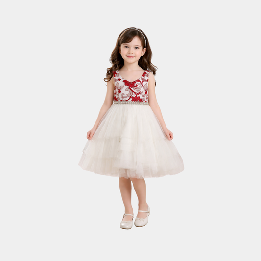 Girls Red Floral Embroidered & Ivory Tulle Party Dress – Elegant Princess Frock