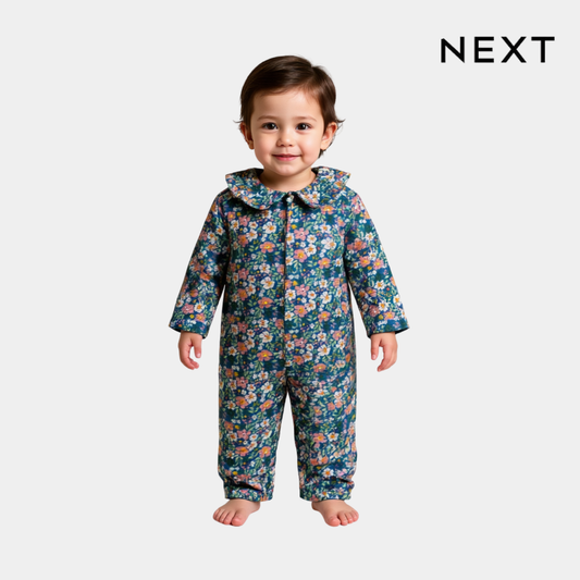 Baby Unisex UPF Sun‑Safe Sleepsuit – Blue Floral Pattern, Full Sleeve