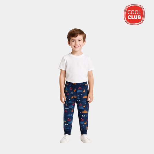 Boys Printed Cotton Trousers - Dark Blue Color