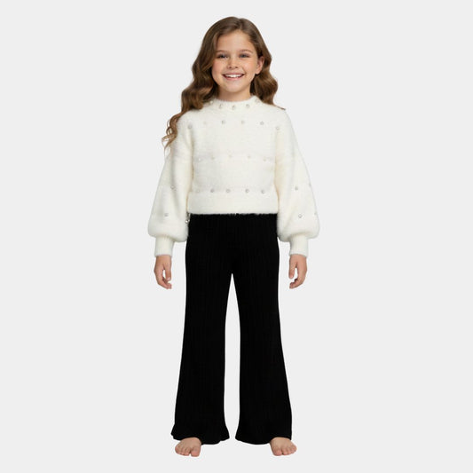 Girls Winter Knit Black & White Pajama Set – Soft & Warmy