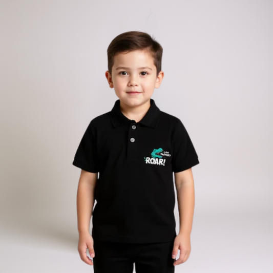 Boys Black Polo Shirt - Roar Print