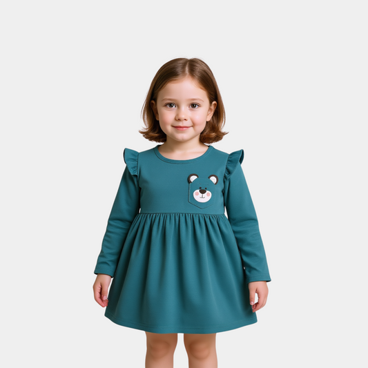 Girls Frock – Dark Green with Bear Pocket