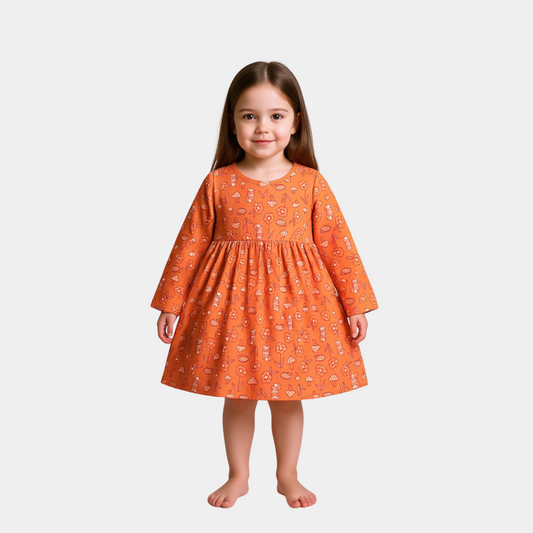 Girls Full Sleeve Floral Frock – Vibrant Orange