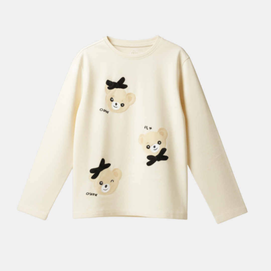 Girls Full Sleeves T-Shirt – Cream with Teddy Bear Print