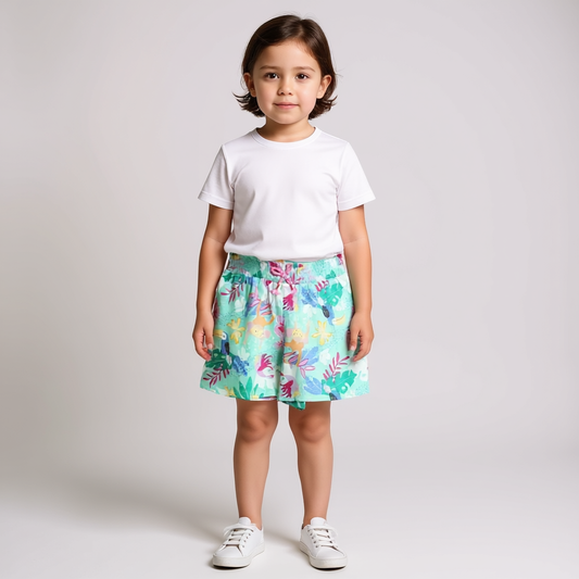 Girls Chambray Cotton Printed Shorts - Sea Green Color