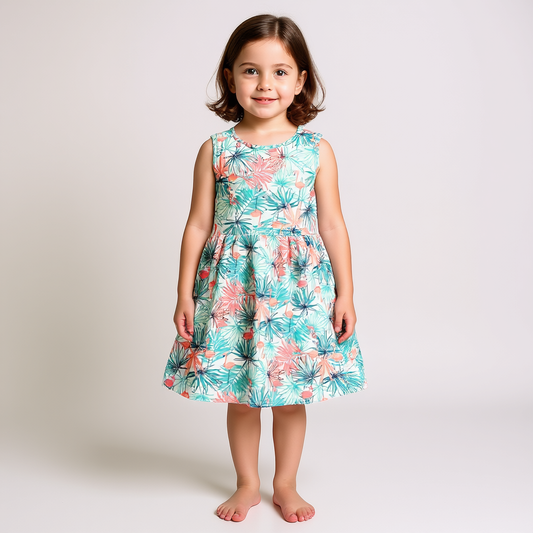 Girls Cotton Frock – Flamingo Leaf Print