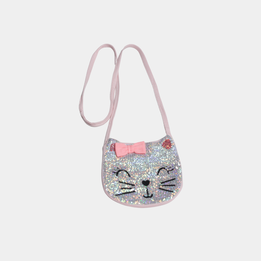 Girls’ Glitter Cat Face Crossbody Bag – Silver Pink