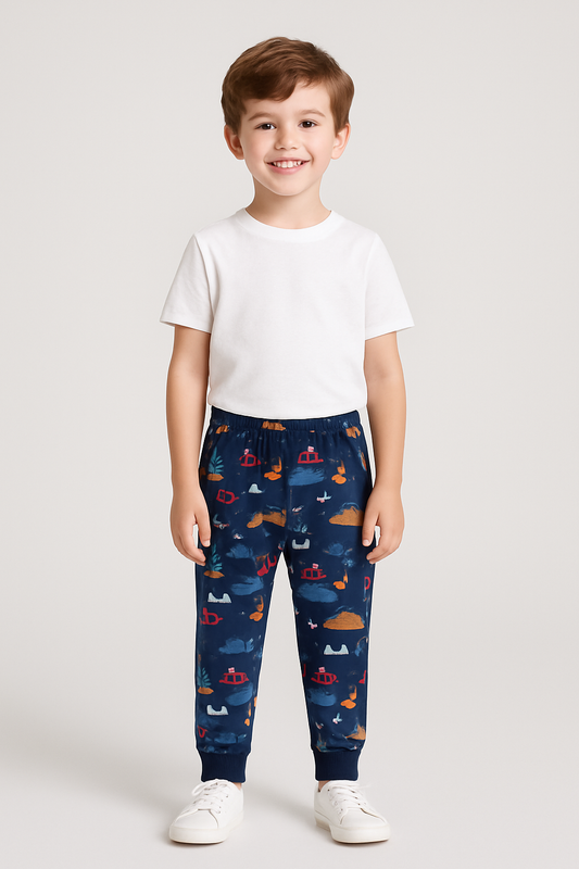 Boys Printed Cotton Trousers - Dark Blue Color
