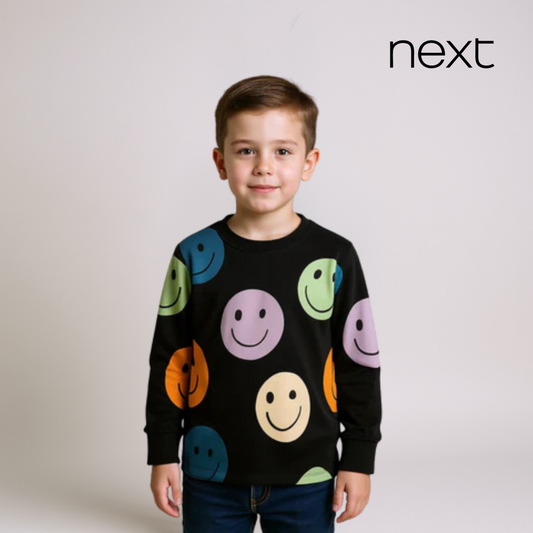 Boys Full Sleeve Smiley‑Graphic Shirt – Black Base