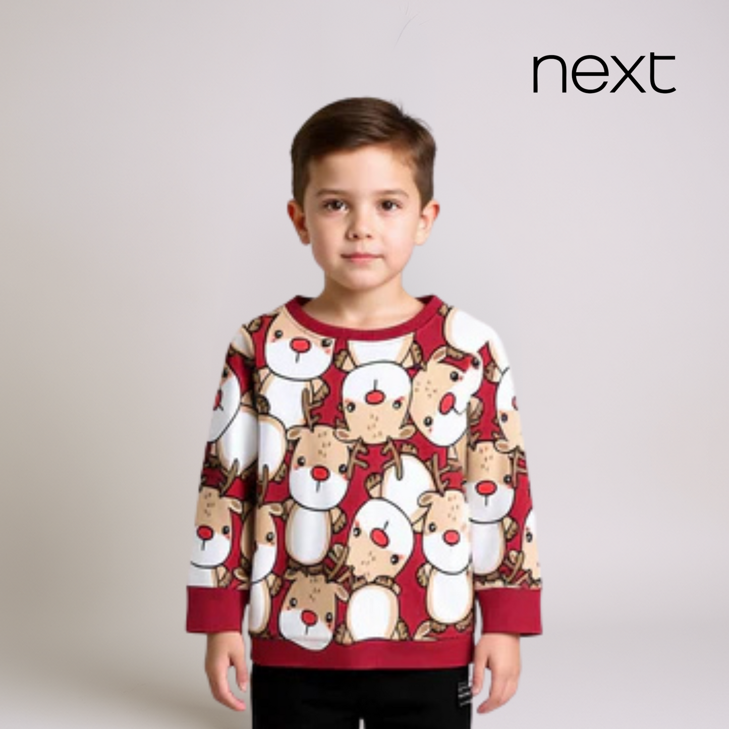 Boys Long Sleeve Christmas Top – Red with Reindeer Appliqué