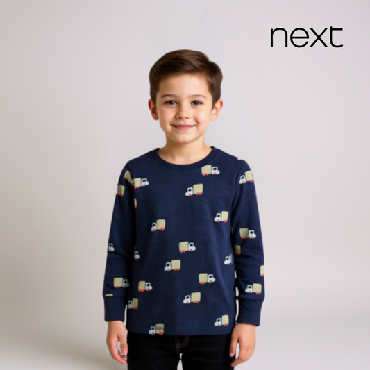 Boys Full Sleeve T‑Shirt – Dark Blue with Tiny Truck Print