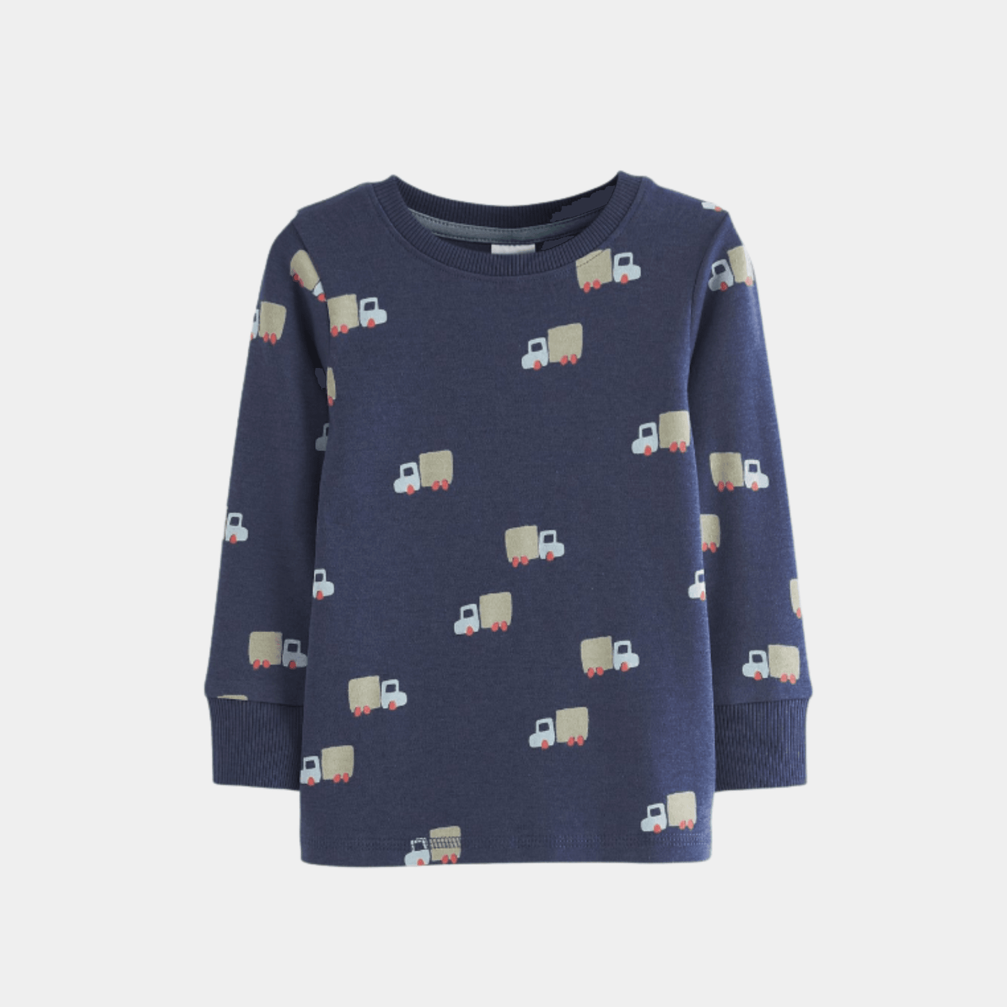 Boys Full Sleeve T‑Shirt – Dark Blue with Tiny Truck Print - KIDKO