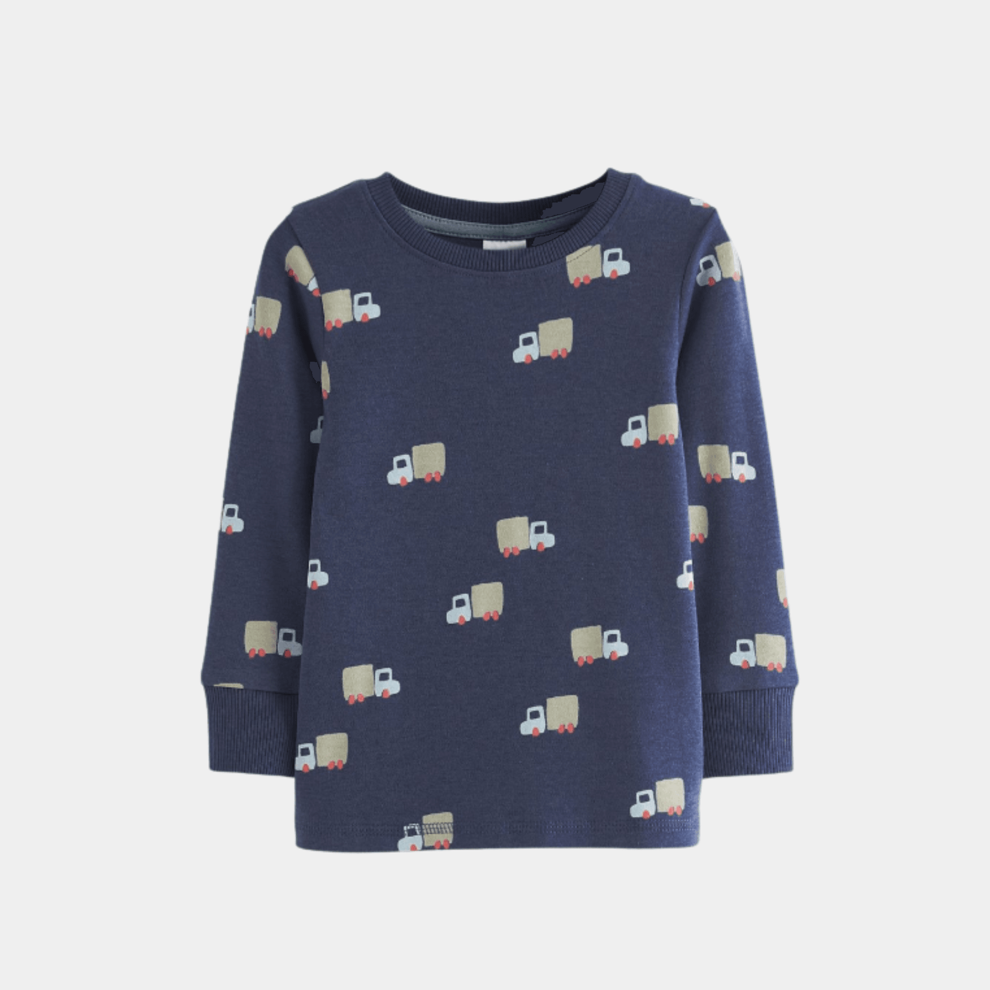 Boys Full Sleeve T‑Shirt – Dark Blue with Tiny Truck Print - KIDKO