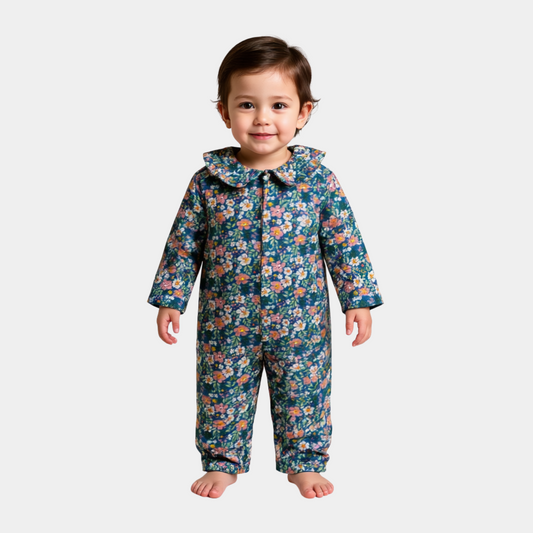 Baby Unisex UPF Sun‑Safe Sleepsuit – Blue Floral Pattern, Full Sleeve