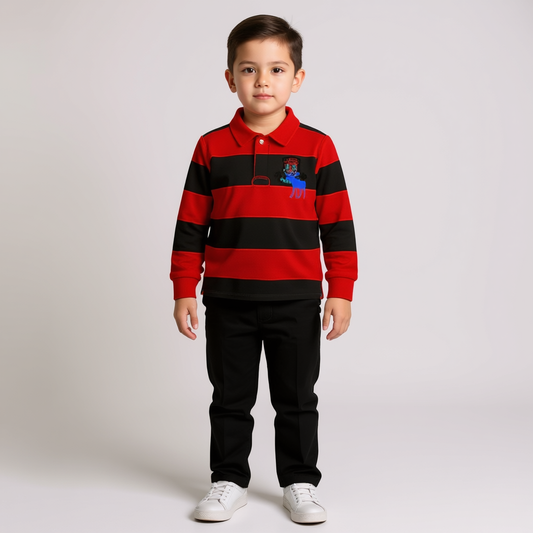 Boys  Full Sleeve polo Shirt - Red & Gray striped