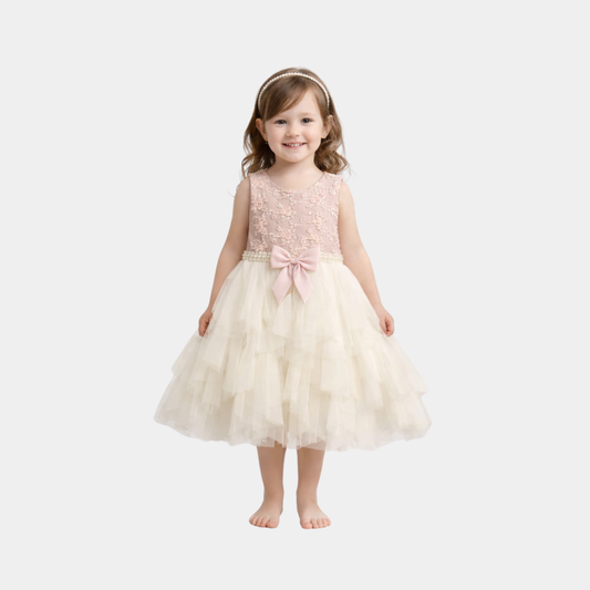Girls Blush Pink & Ivory Layered Tulle Party Dress – Bow & Pearl Waist Design