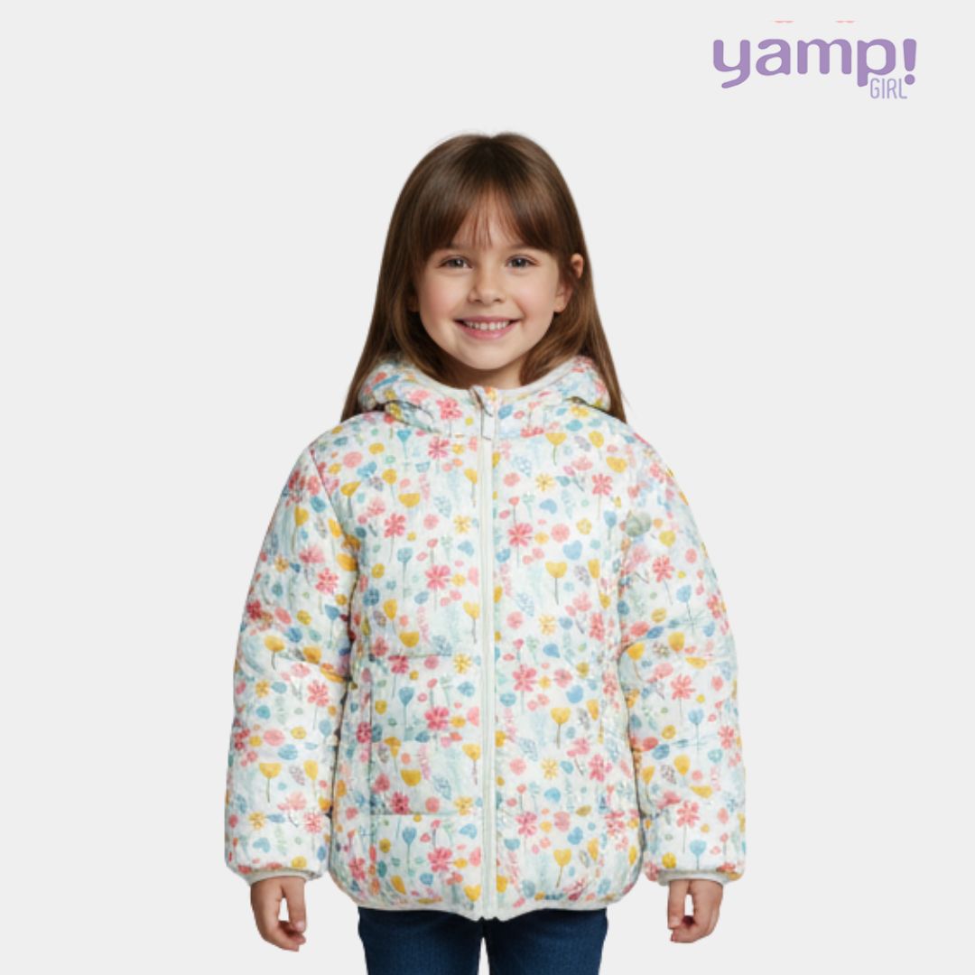 Girls White Floral Puffer Jacket with Soft Fur Lining