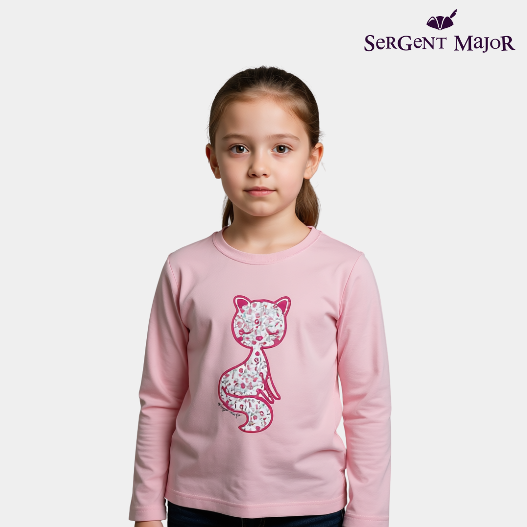Girls Full Sleeves Pink Cat Print Shirt – Soft & Stylish