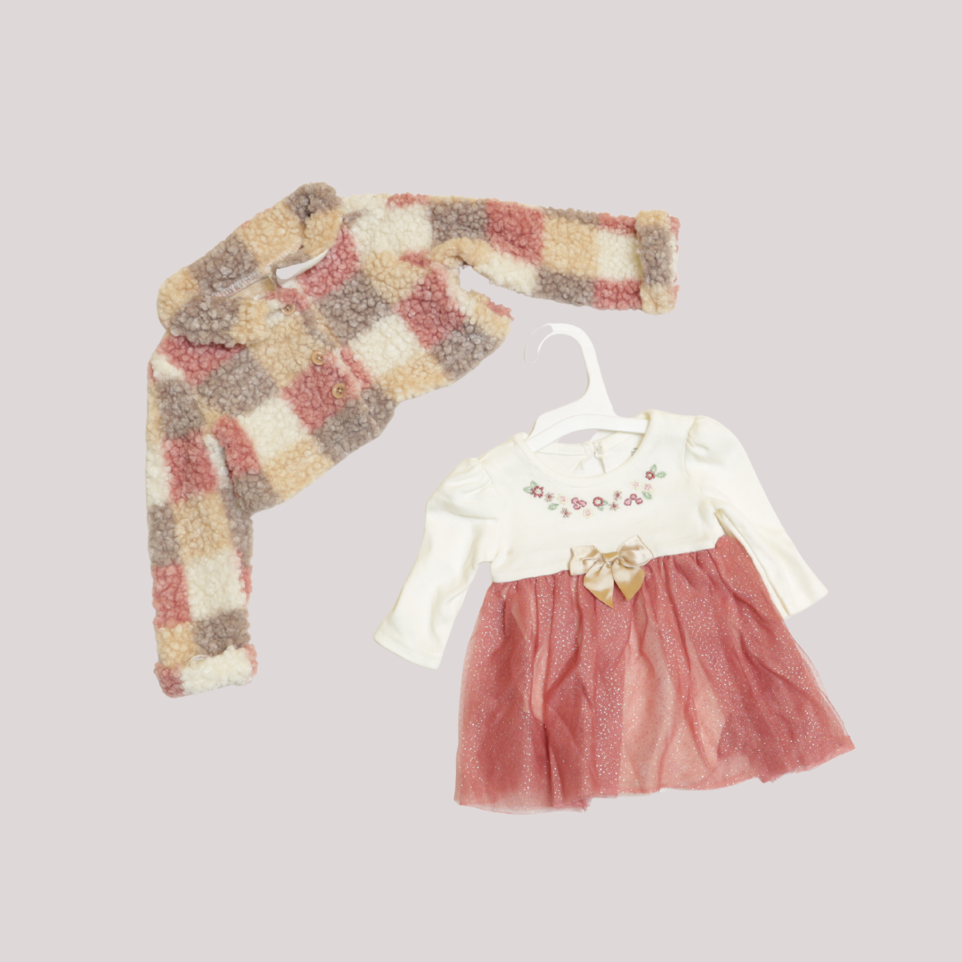 Girls Checkered Teddy Fleece Jacket – Multicolor