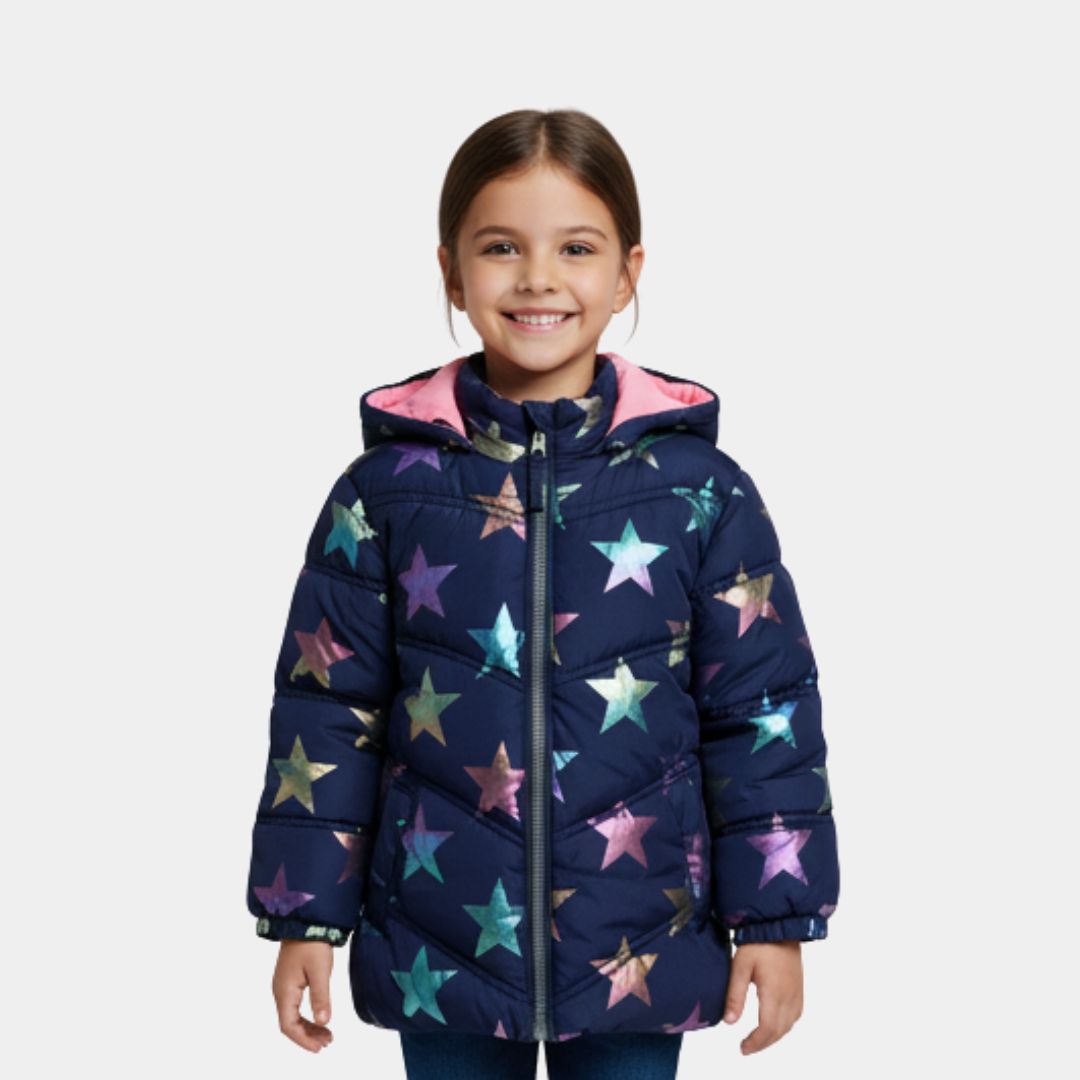 Girls Metallic Star Print Winter Puffer Jacket with Hood