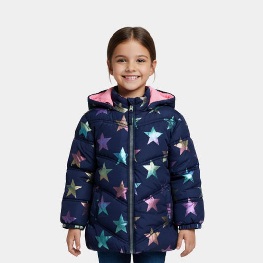 Girls Metallic Star Print Winter Puffer Jacket with Hood