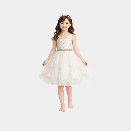 Girls Ivory Embroidered Tulle Party Dress – Pearl Waist Princess Frock