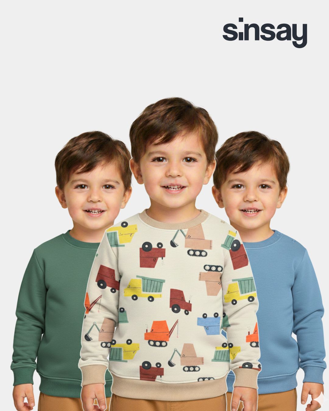 Pack Of 3 Boys Sweatshirt– Green, Blue & Beige Truck Print