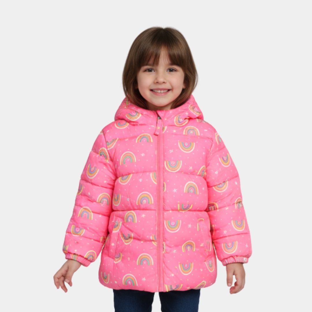 Girls Pink Rainbow Puffer Jacket with Soft Inner Lining