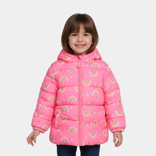 Girls Pink Rainbow Puffer Jacket with Soft Inner Lining
