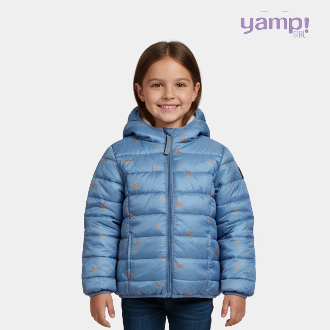 Girls Light Blue Printed Puffer Jacket with Fur Lining