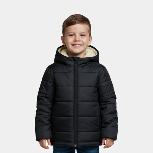 Boys Black Winter Puffer Jacket with Cozy Sherpa Lining & Hood