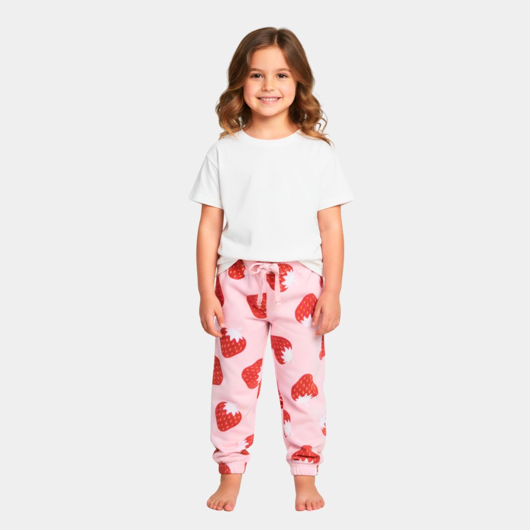 Girls Strawberry Print Pink Cotton Joggers