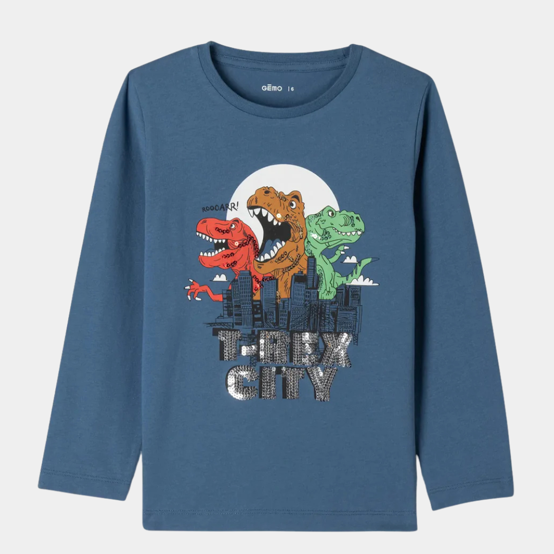 Boys T-Rex City Long Sleeve T-Shirt – Blue