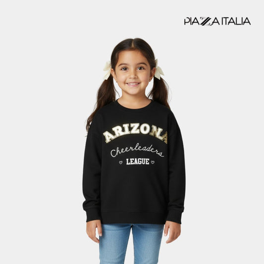 Girls Black Cotton Crewneck Sweatshirt