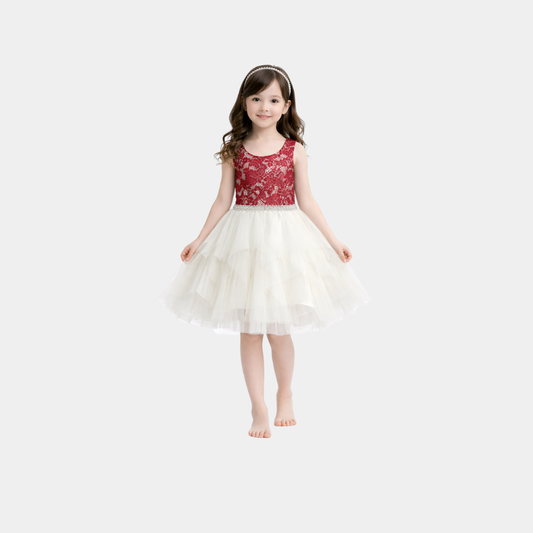 Girls Red Lace & Ivory Layered Tulle Party Dress