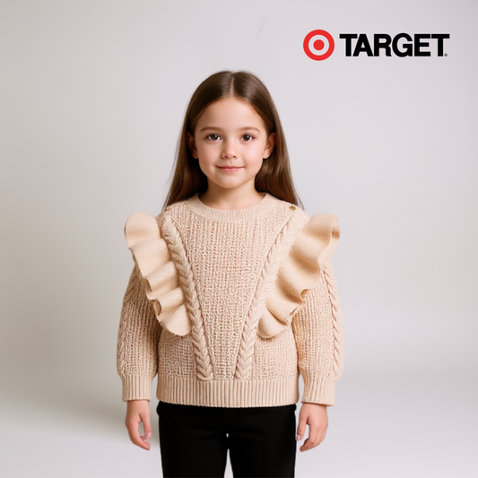 Girls Frill‑Neck Knitted Sweater – Pink